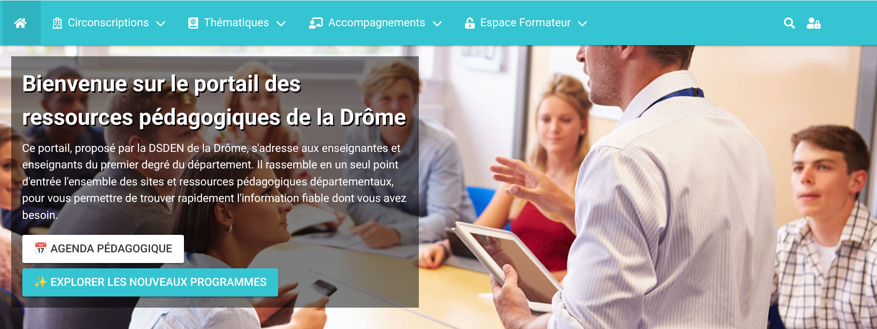 Aperçu de la page d'accueil du portail des ressources pédagogiques de la Drôme